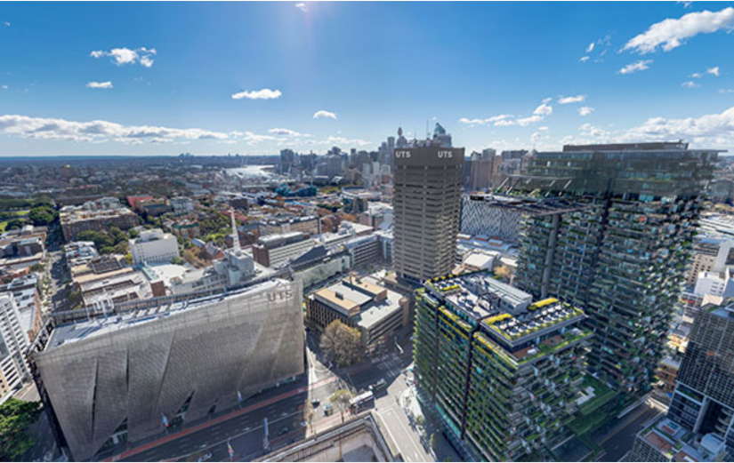 Aerial shot of the UTS city campus with blue skies