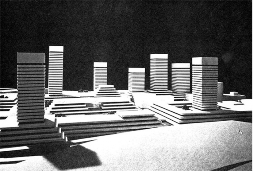 Black and white photo of a model of 7 towers next to each other