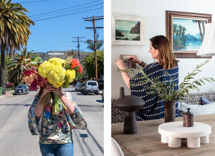 Bronwyn Poole in front of Hollywood Hills holding a bouquet (left) and Bronwyn adjusting wall decoration design inside (right) 