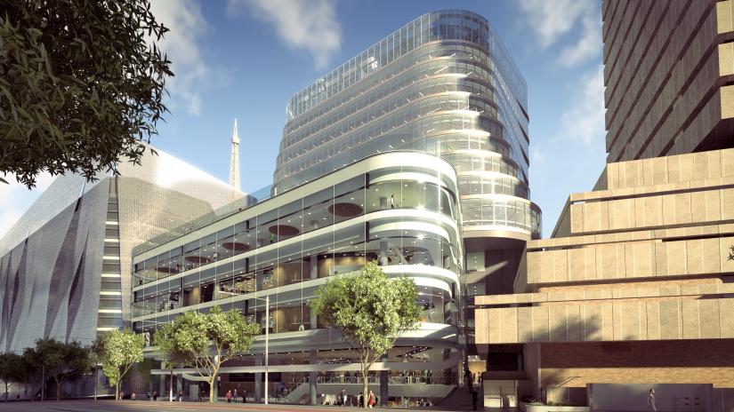 An artist's impression showing the UTS Central building on Broadway, sitting between the UTS Tower and the Faculty of Engineering and IT Building. UTS Central has a gleaming glass facade and curved design.