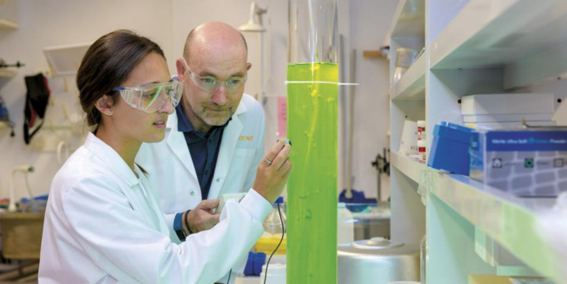 Photo of student and lecturer looking at tube of algae