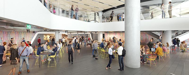 An artist's impression of the new UTS Central food court with colourful chairs, group tables and students walking through.