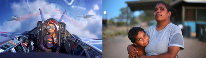 Left: a still of an animation of a female fighter pilot. Right: An Indigenous woman hugging a child