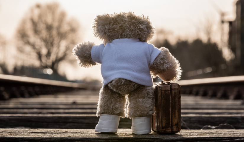 Image depicts a teddy bear from the back, looks like it's walking along a wooden path carrying a suitcase.