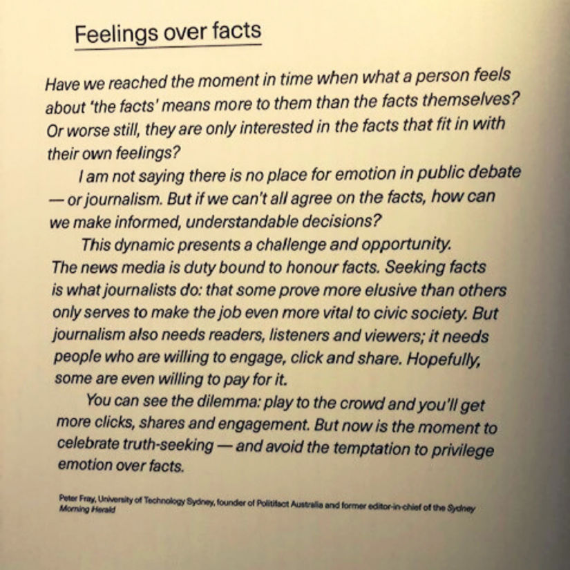 Image of the display text of Peter Fray's quote entitled "Feelings over facts"