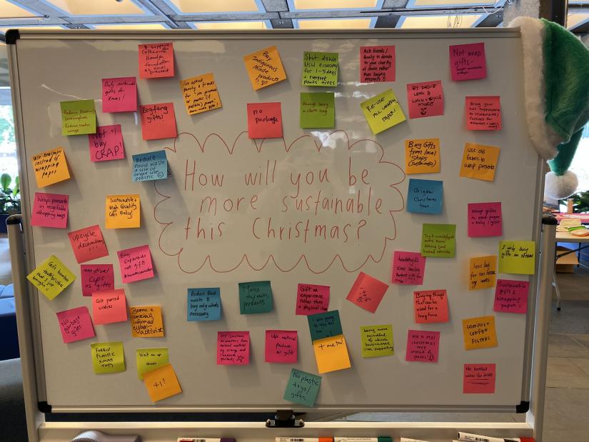 Whiteboard with colourful sticky notes on it. Text on image: How will you be more sustainable this Christmas?