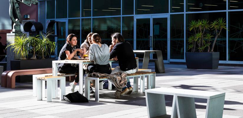 Students sit at a picnic table in an outdoor terrace, surrounded by sculpture and pot plants