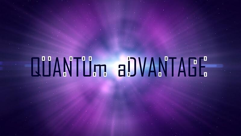 quantum advantage text over blue and pink abstract light burst