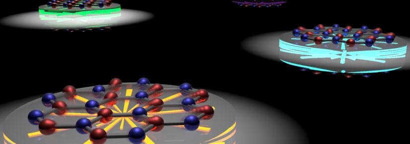 An artist impression showing the evolution of quantum light color when the atomically thin material is stretched