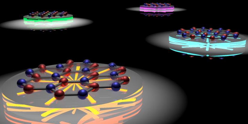 An artist impression showing the evolution of quantum light color when the atomically thin material is stretched