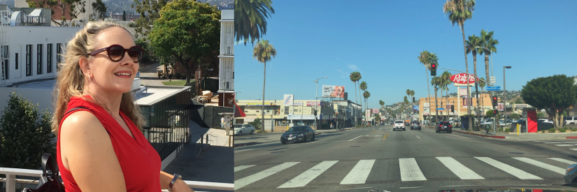 Two images - on the left Kim is in a red top and sunglasses and the photo is of her at LA City College, with the Hollywood Hills in the background. On the right is a picture of the Sunset Strip in LA.