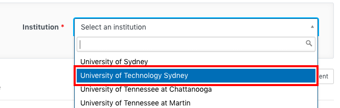 screengrab of portion of proctorU signup page drop-down menu for institution with red box around selection university of technology sydney