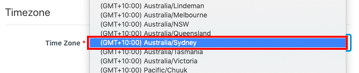 screengrab of portion of proctorU signup page drop-down menu for timezone with red box around selection for sydney australia timezone