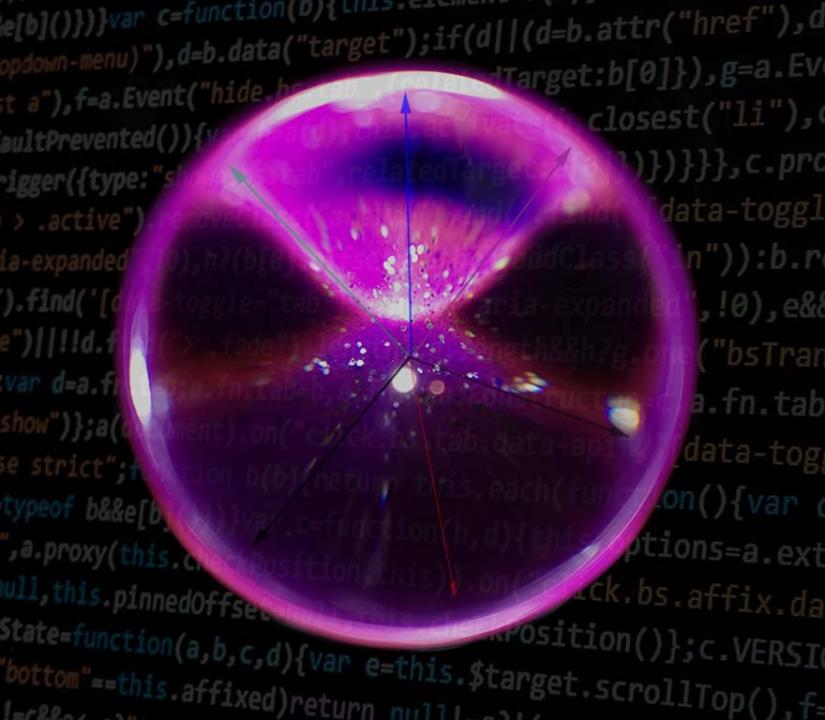 Pink sphere with movement with directional coloured lines with data behind