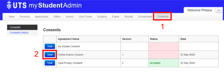 Screengrab of the MSA consent page red box around consent tab next to number one and red box around view button next to number two