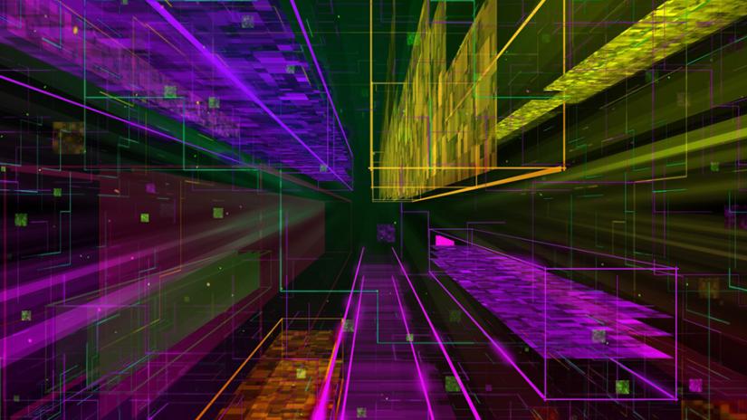 abstract data with pink, purple and yellow coloured lines and blocks converging in the distance