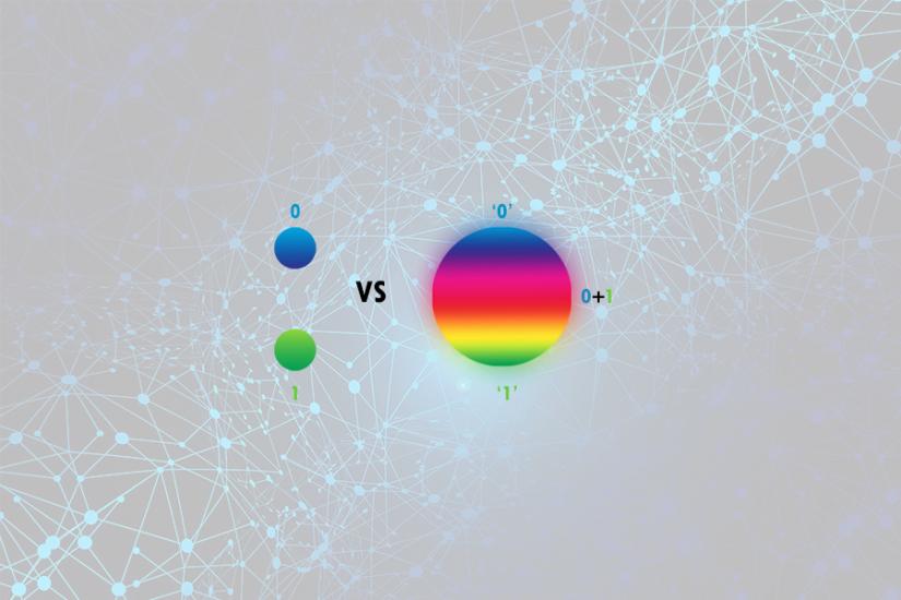 blue and green spheres labelled zero and one to represent classica (binary) state vs one large sphere with blue zero plus green one to represent quantum state