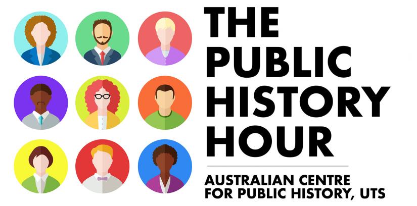 banner with 9 diverse cartoon style faces next to the text The Public History Hour