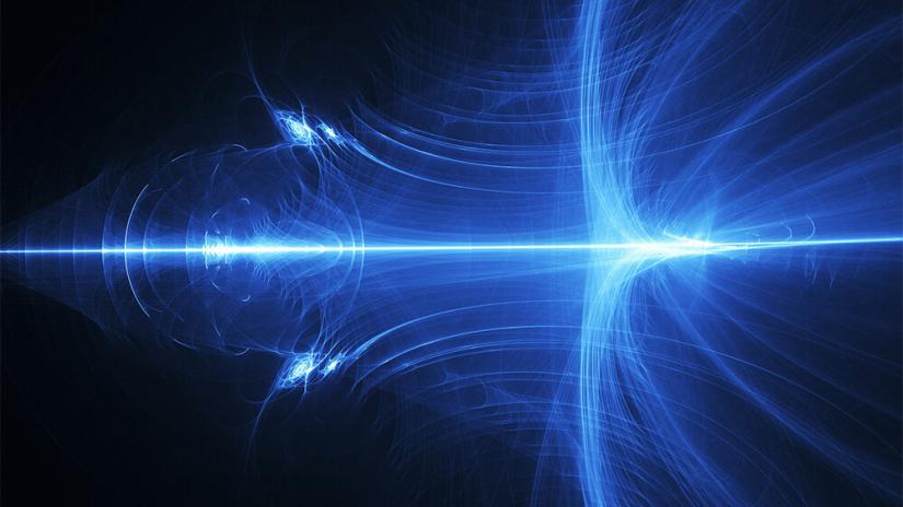abstract bright blue light shooting though on a horizontal line with abstract particle movement at its edges