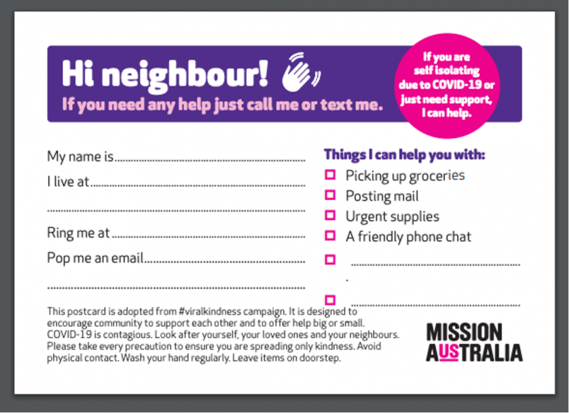 Mission Australia’s neighbourly check-in cards were distributed throughout communities during the pandemic