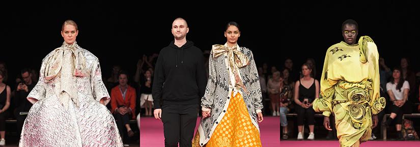 A sequence of 3 images on models wearing quilted fashion designs on the runway. Centre image, model walks with the designer.