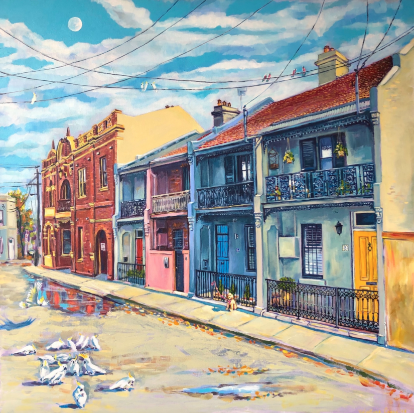 A colour painting of terrace houses in a street in Paddington, NSW, Australia