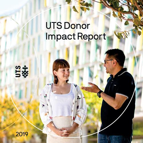 Staff member and student talking on the cover of the 2019 UTS Donor Impact Report