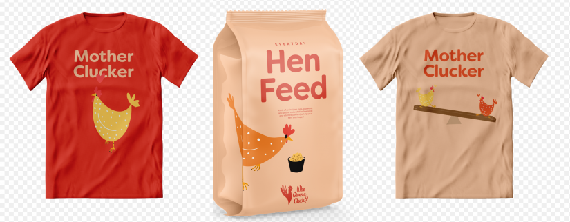 Two t-shirt designs and a 'hen feed' packet design in red and tan colours