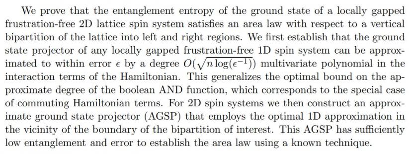 Anurag Anshu's abstract for the paper An area law for 2D frustration-free spin systems (https://arxiv.org/pdf/2103.02492.pdf)