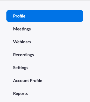 Zoom nav menu with profile selected
