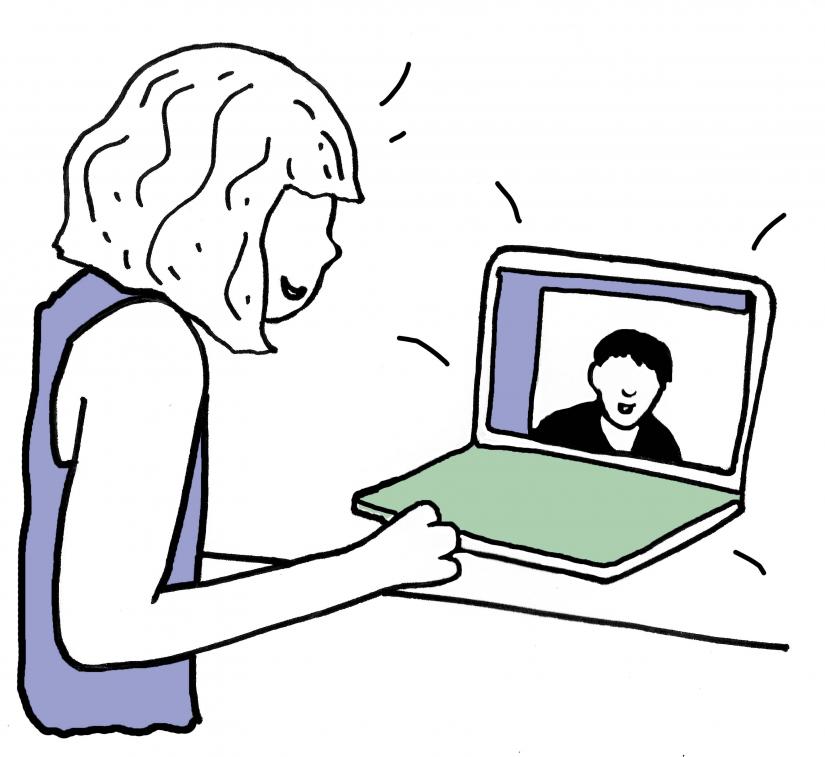 Cartoon of students having a video call on a laptop