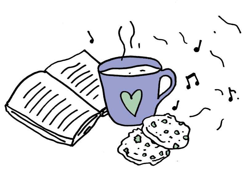 Cartoon book, cup of tea and cookies