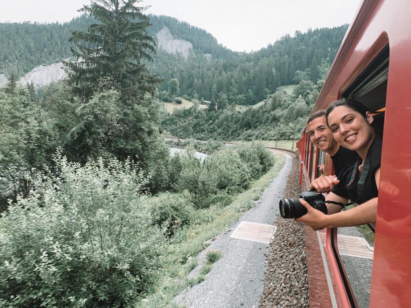 Students on train in Switzerland