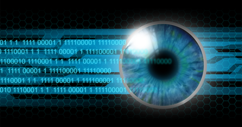 Abstract biometrics with human eye with binary code on the left side of the eye. In blue colours