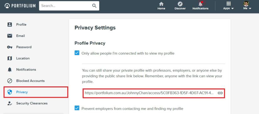 Screenshot showing how to share a private profile in Portfolium