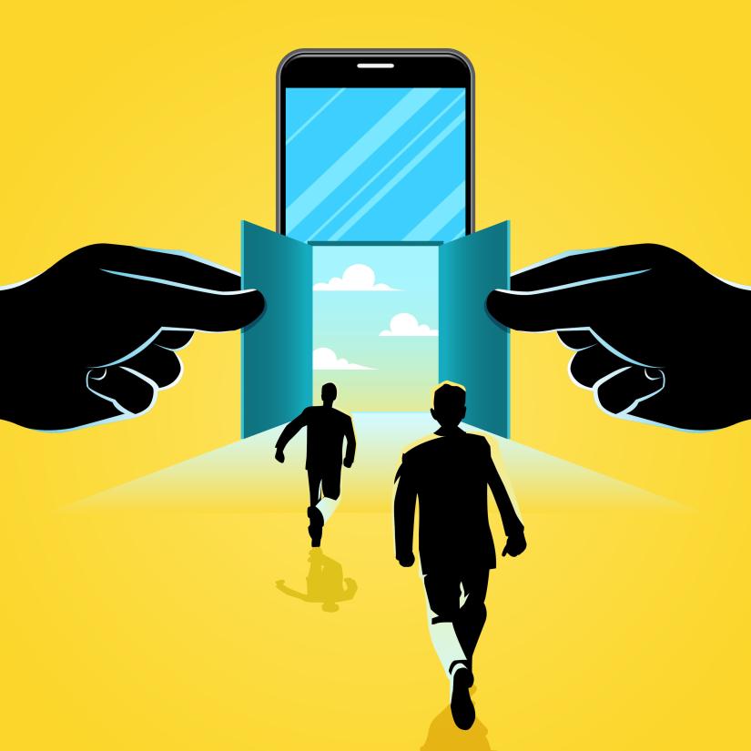 two men running through a door represented as an opening in smart phone opened by large external hands