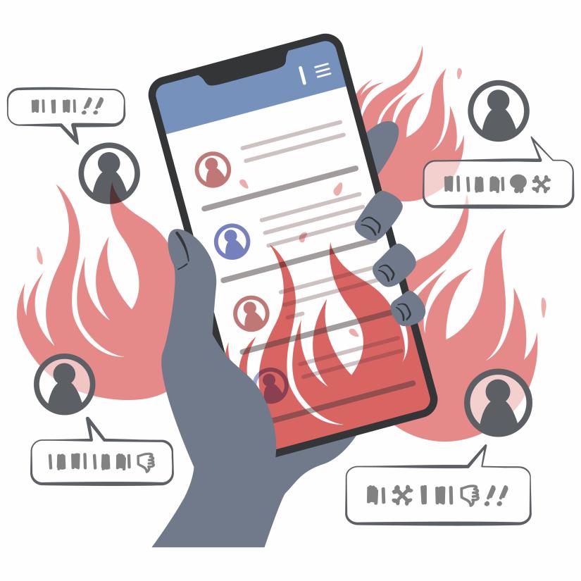 Flames encircle a mobile phone screen displaying messaging app