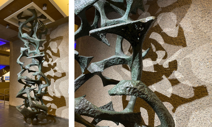 Two images of Margel Hinder's cactus-like sculpture, Growth Forms