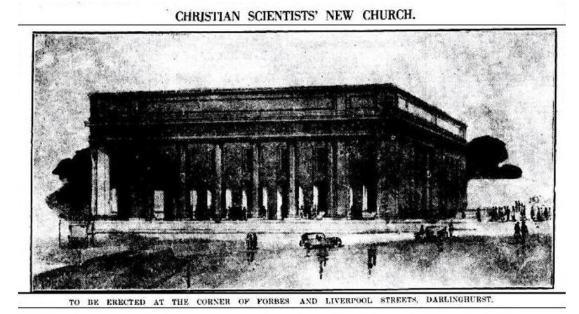 Drawing of First Church of Christ Scientist, Sydney, at 262 Liverpool Street. Sydney Morning Herald, 13 March 1925, 10, National Library of Australia, 16204415