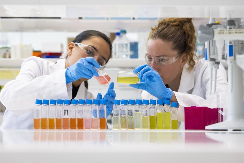 Two female scientists in white coats, blue gloved and goggles inspect a test tube containing orange liquid.