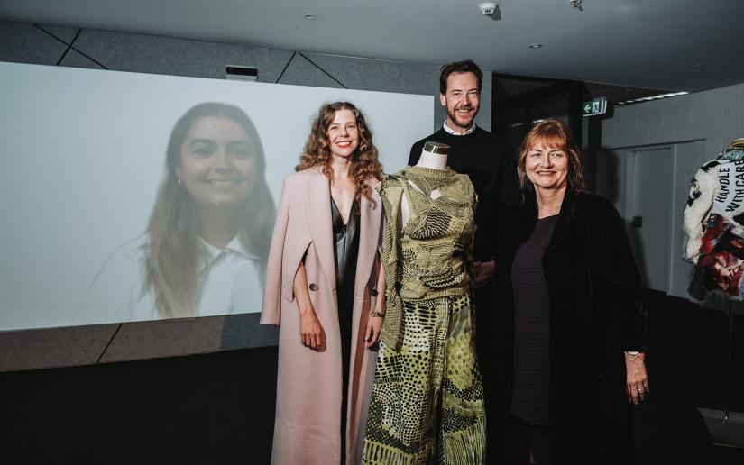 Amelia Turner accepted the Carla Zampatti Foundation Design Award via Zoom from London. Foundation Director Bianca Spender, Carla Zampatti CEO Alex Schuman, and UTS Dean of Design, Architecture and Building Elizabeth Mossop.