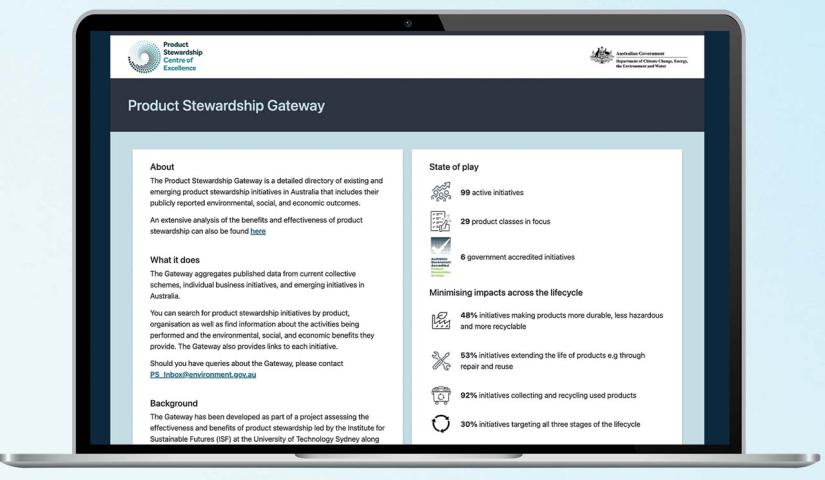 A laptop with the Product Stewardship Gateway home page on its screen