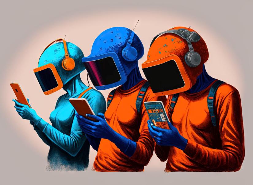 futuristic attired figures stare at phones