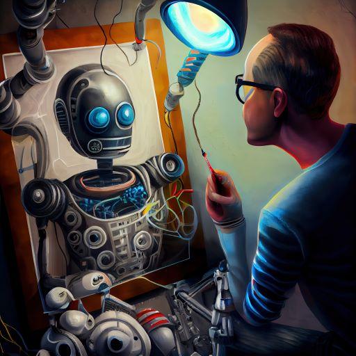 A painting of a man painting a portrait of an android
