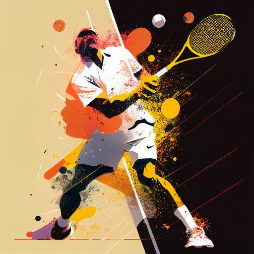 Emblazoned in colour, a tennis player strikes with his racket