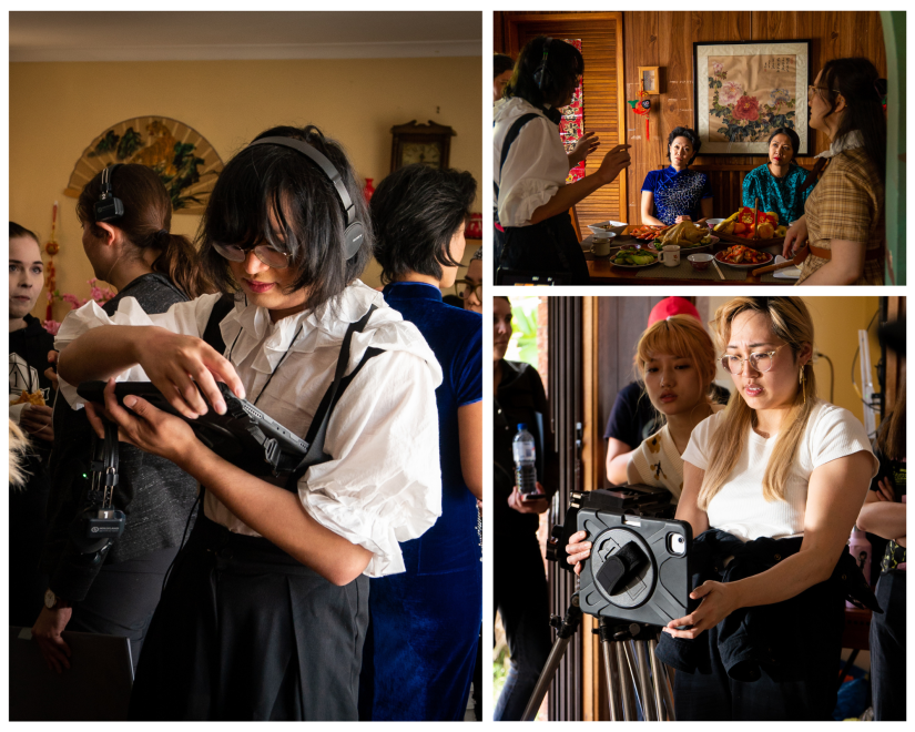 photo collage of people on set making the film