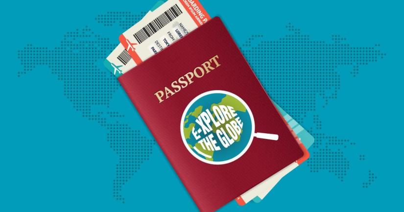 red animated passport with globe in the middle 