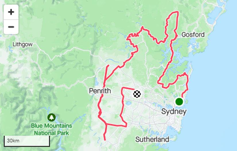 Map of the greater Sydney region with a red line showing the cycle track