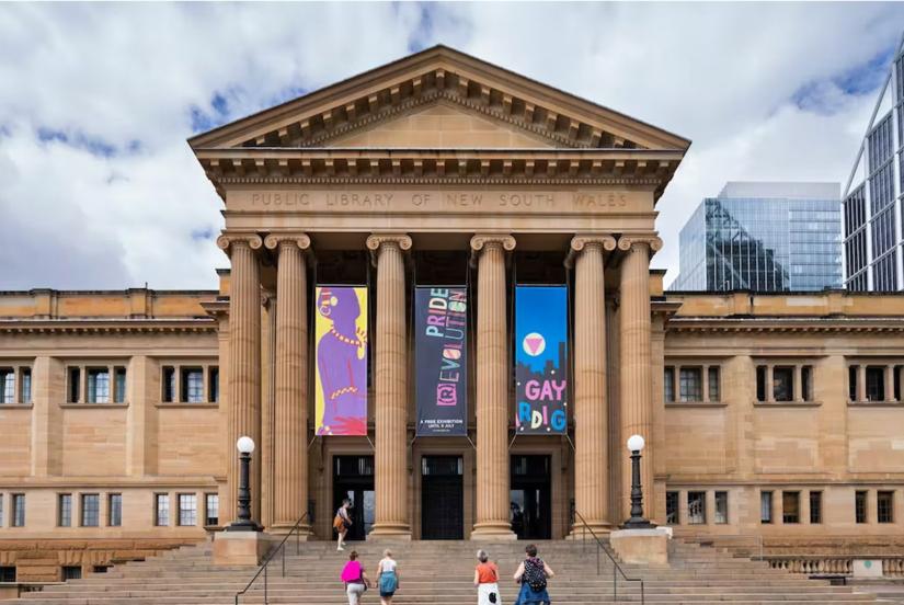 A wide view of the State Library of New South Wales building entry and exterior