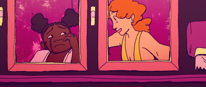 An animated still from the film, two women share a moment in the bathroom